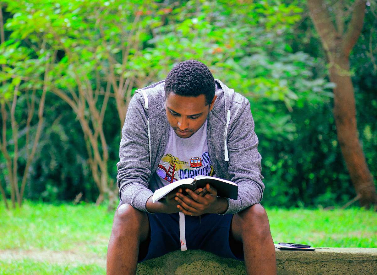 people man sitting on concrete bench reading book person