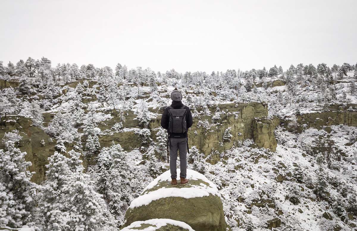 people person standing on cliff in front of forest person