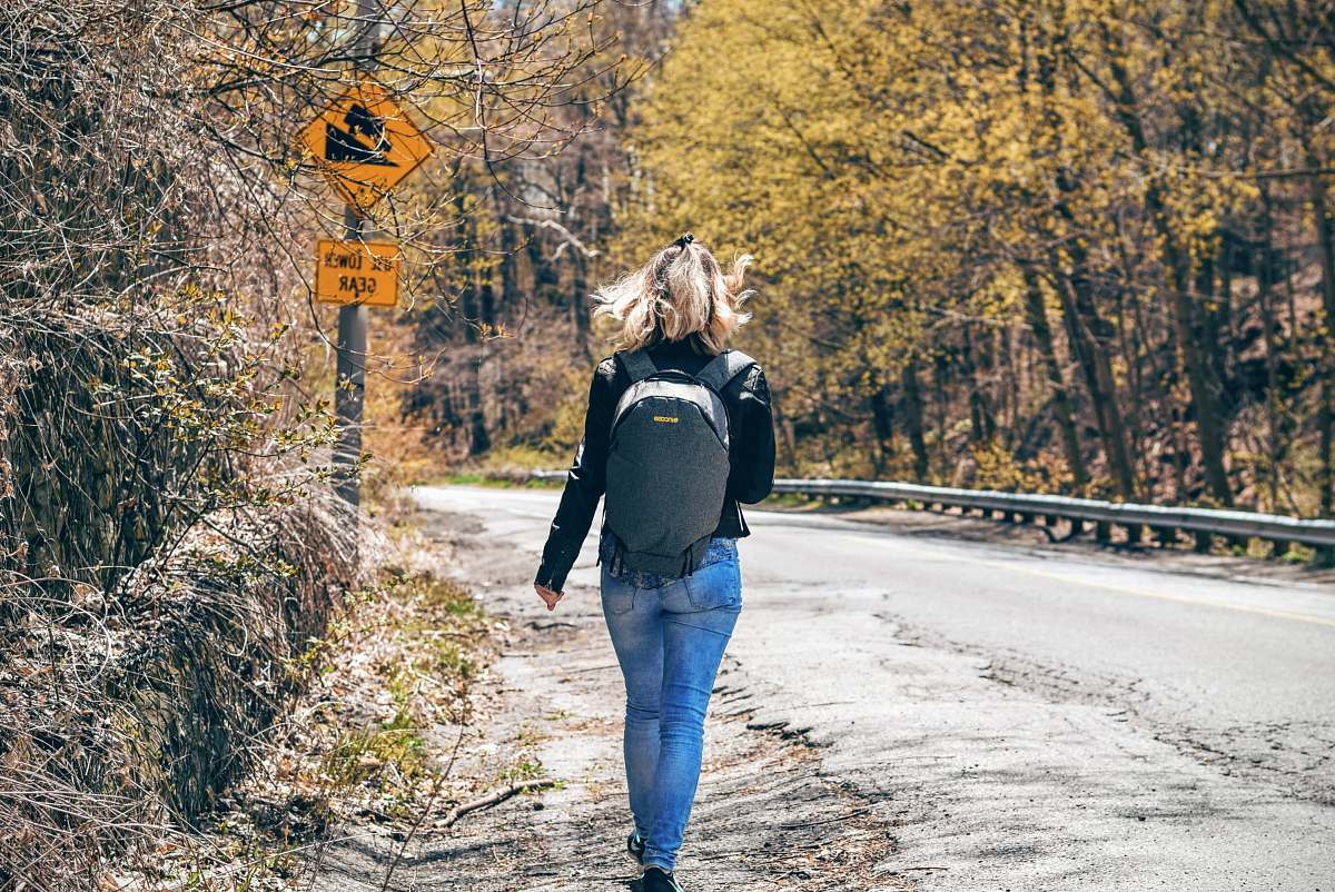 person person walking on pethway between green leafed trees people