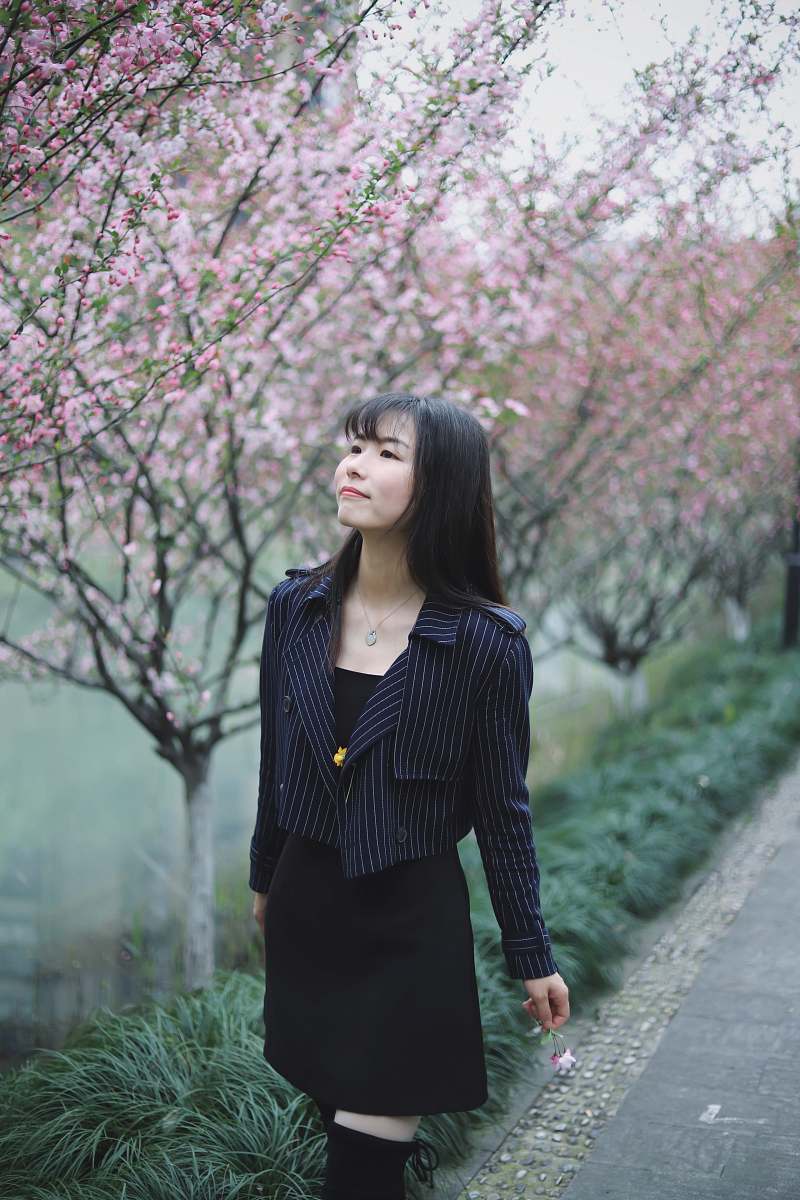 person woman walking on a road with cherry blossoms people