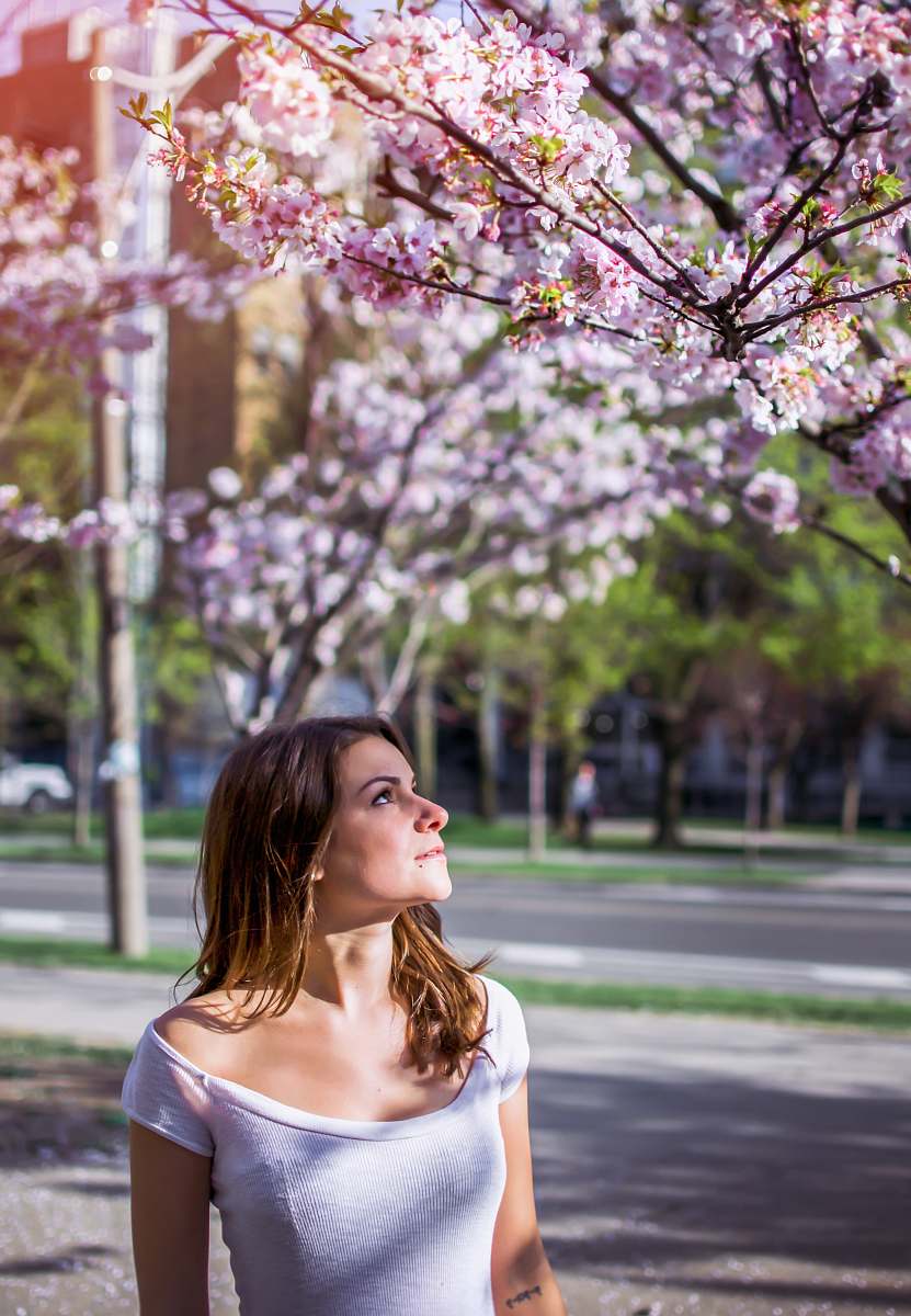 people woman wearing pink top looking at pink flowering tree person
