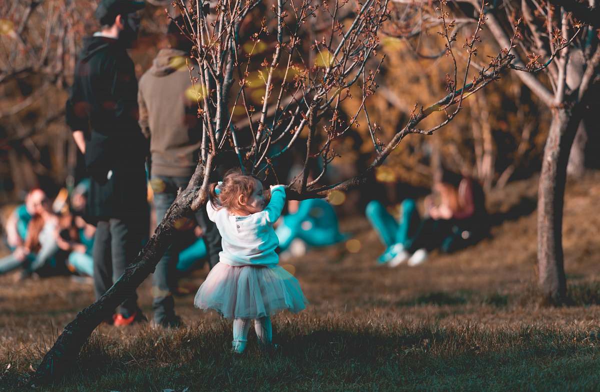 human baby in front of tree branch person