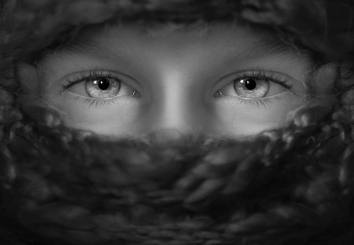 black-and-white grayscale shot of person's eyes grey