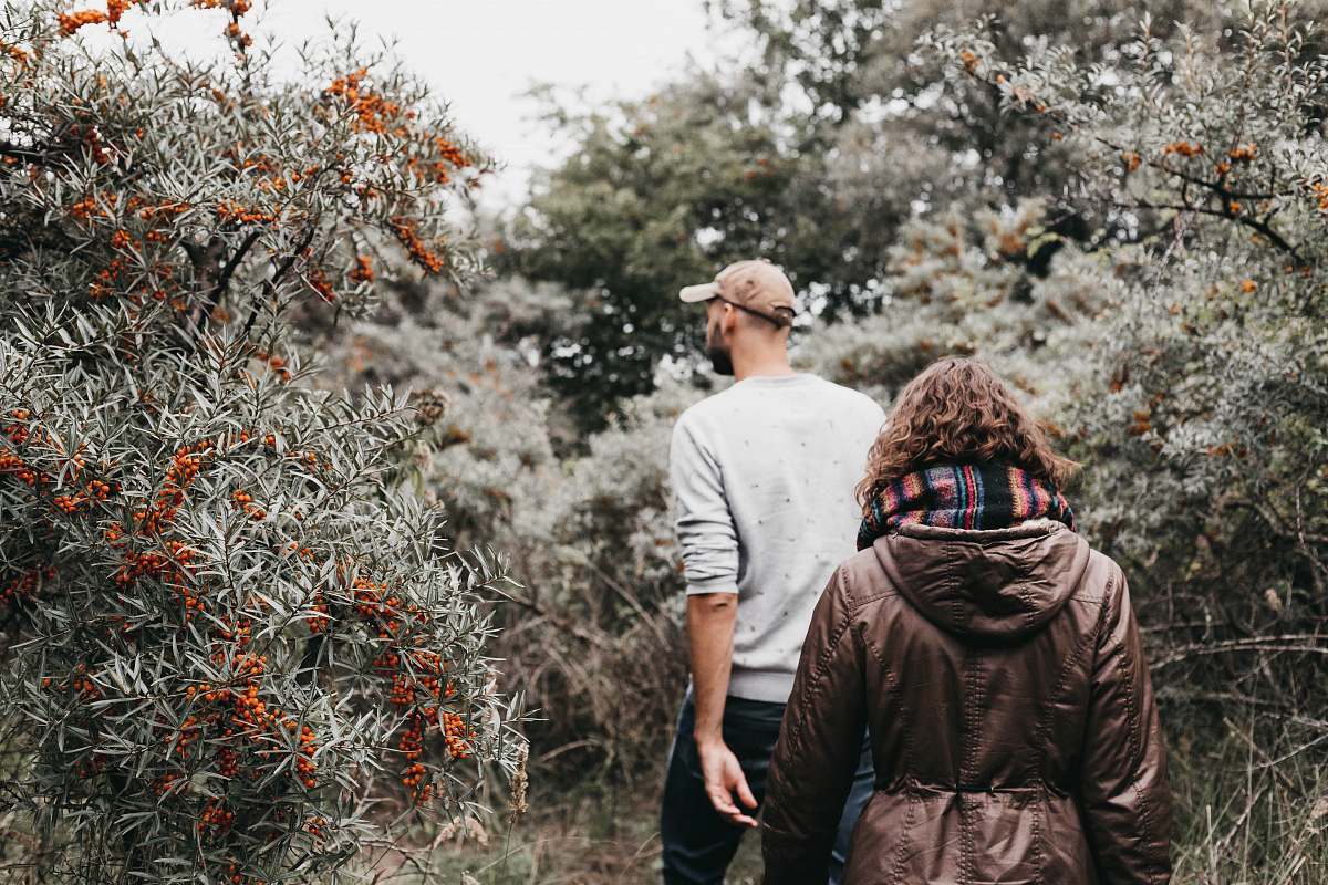 human man and woman walking near trees person