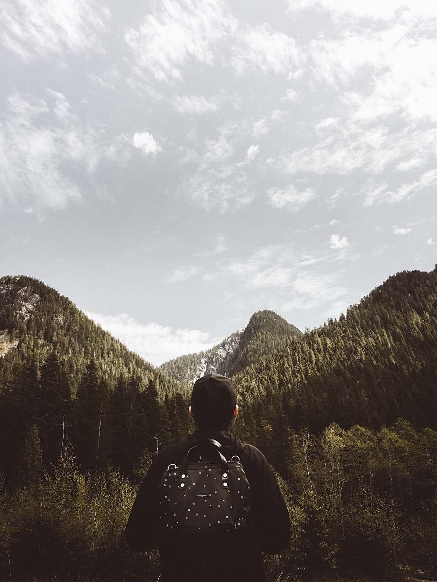 human man facing mountain range covered with green leafed trees person