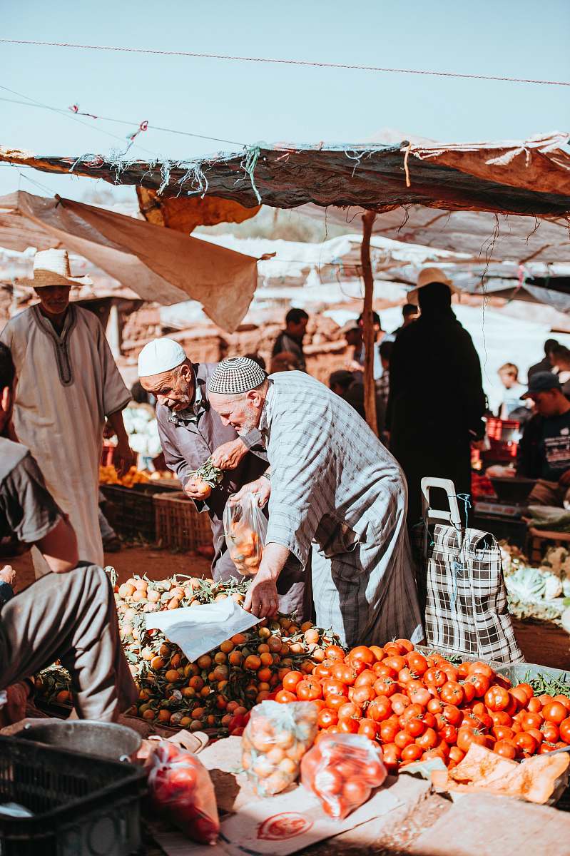 person man picking fruits on stand under white sky during daytime human