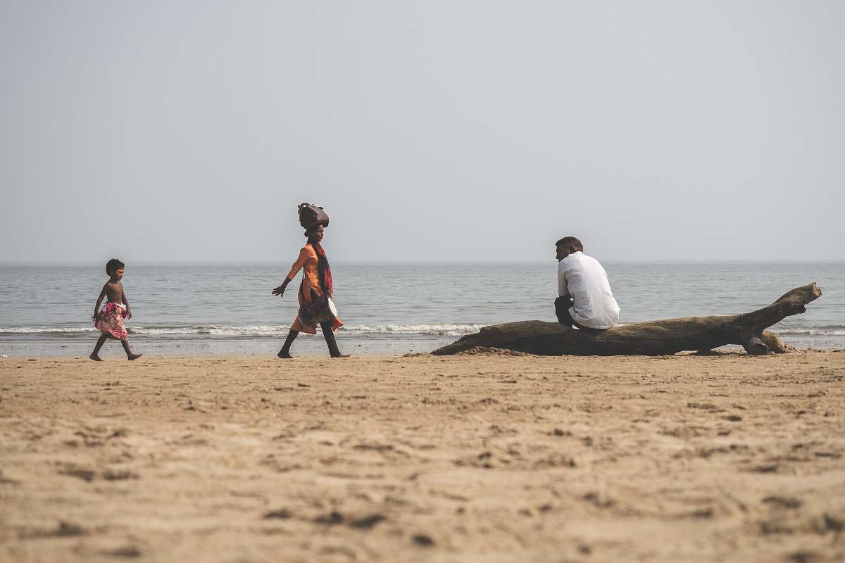 beach man sitting on drift wood ocean
