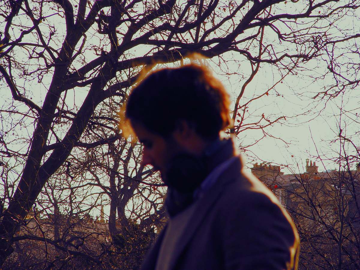 human man wearing gray top under black tree at golden hour person