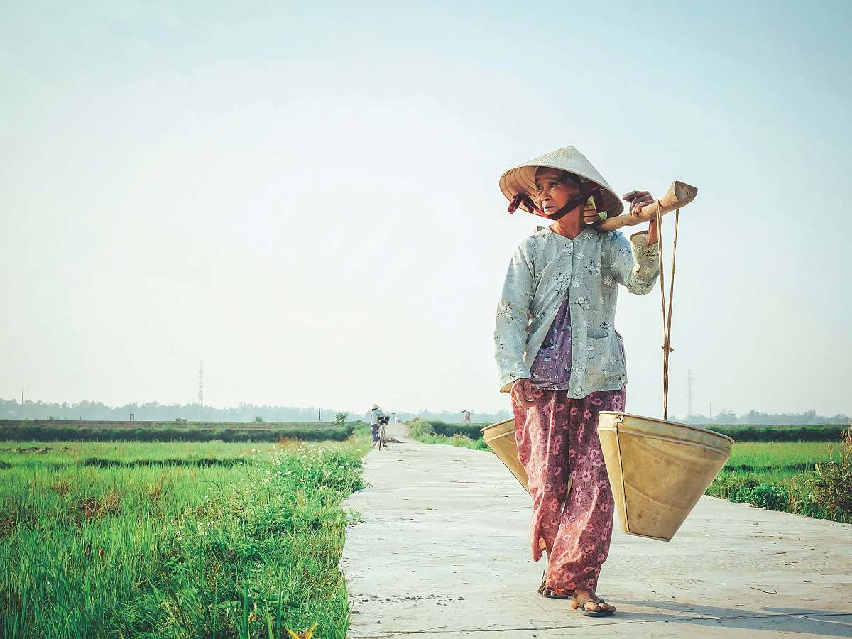 person woman carrying basket on her shoulder human