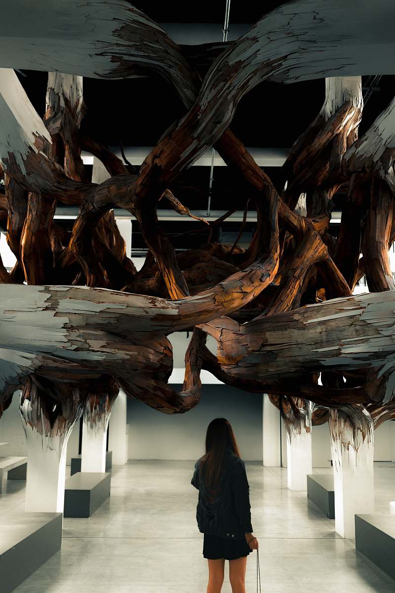 human woman in black jacket standing under wood art person