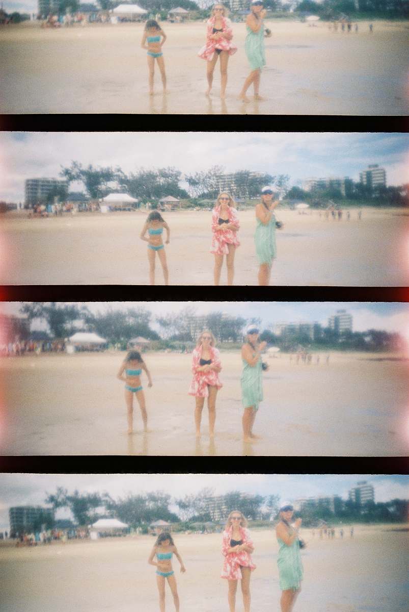 human women on beach collage person