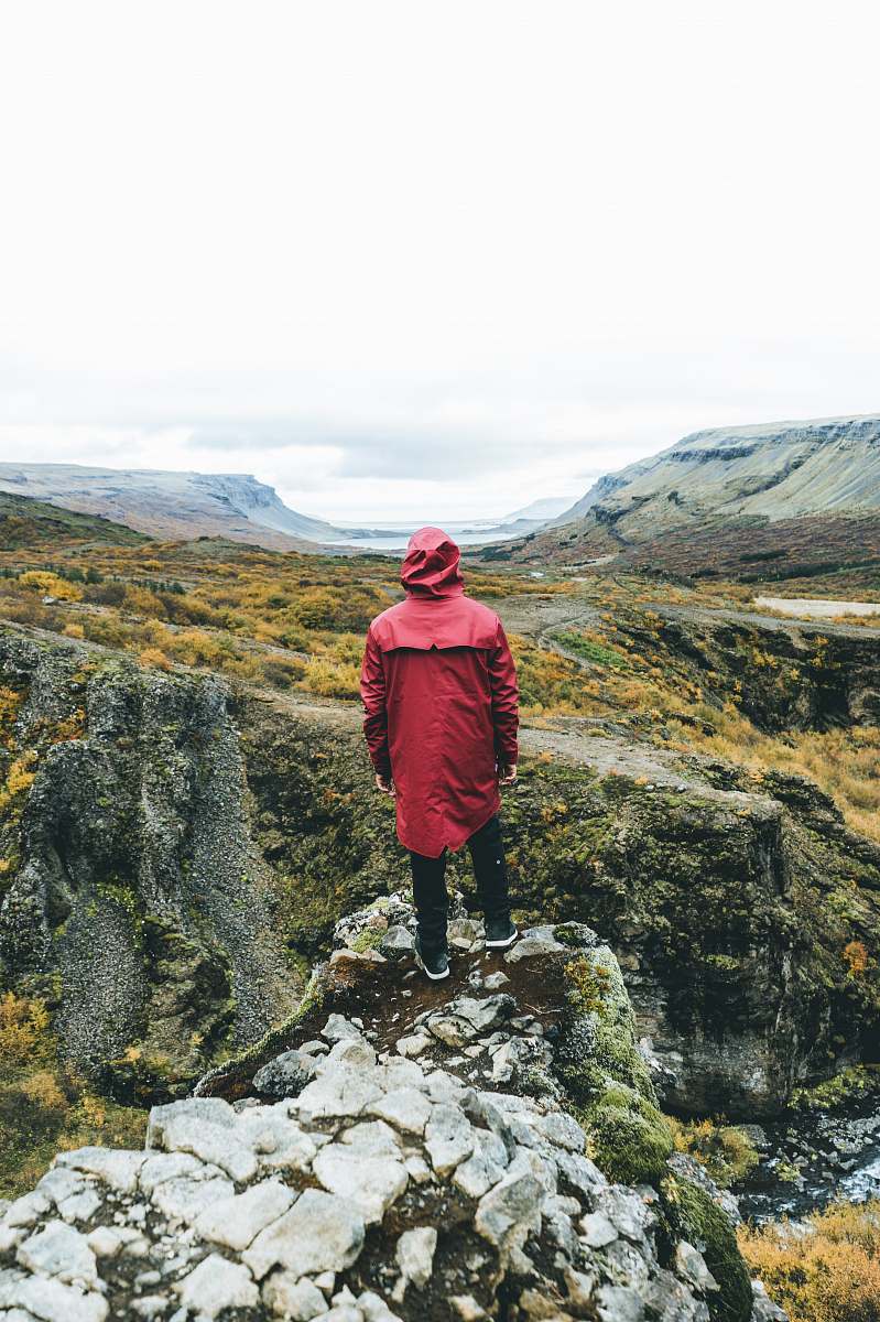 people man standing wearing red jacket on top of mountain human
