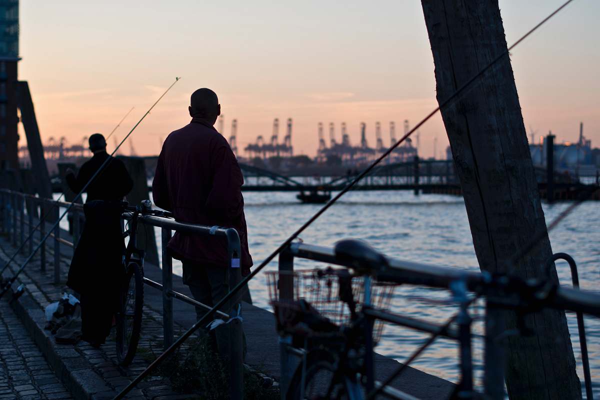 human two men fishing on dock people
