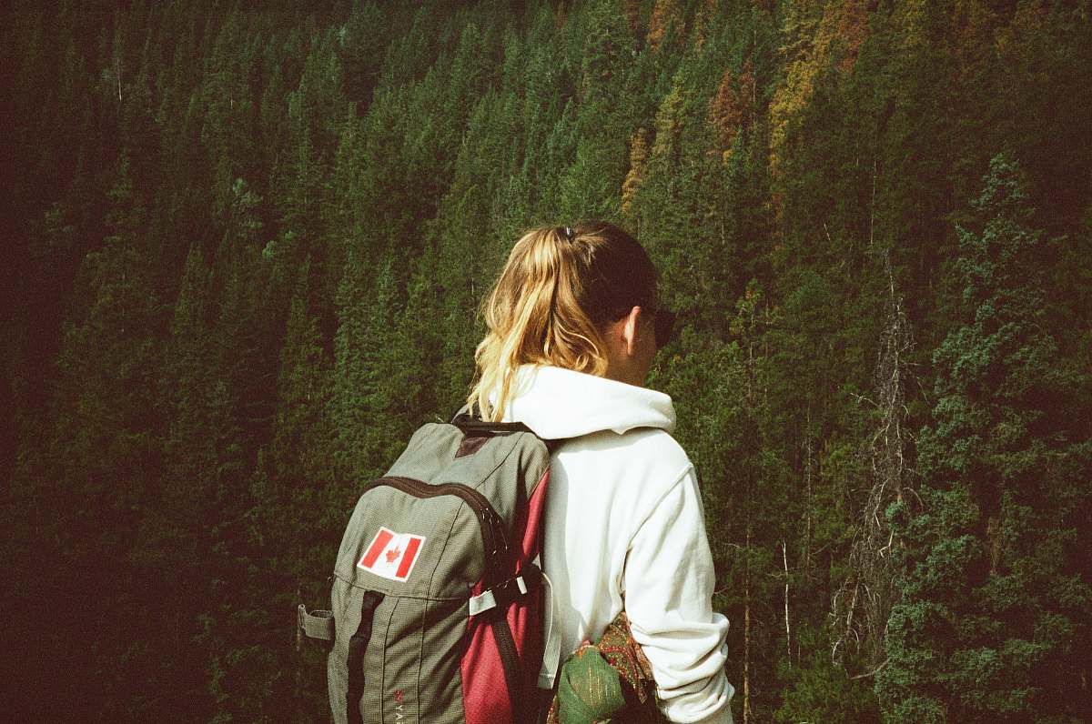 people woman facing forward on tall green trees human