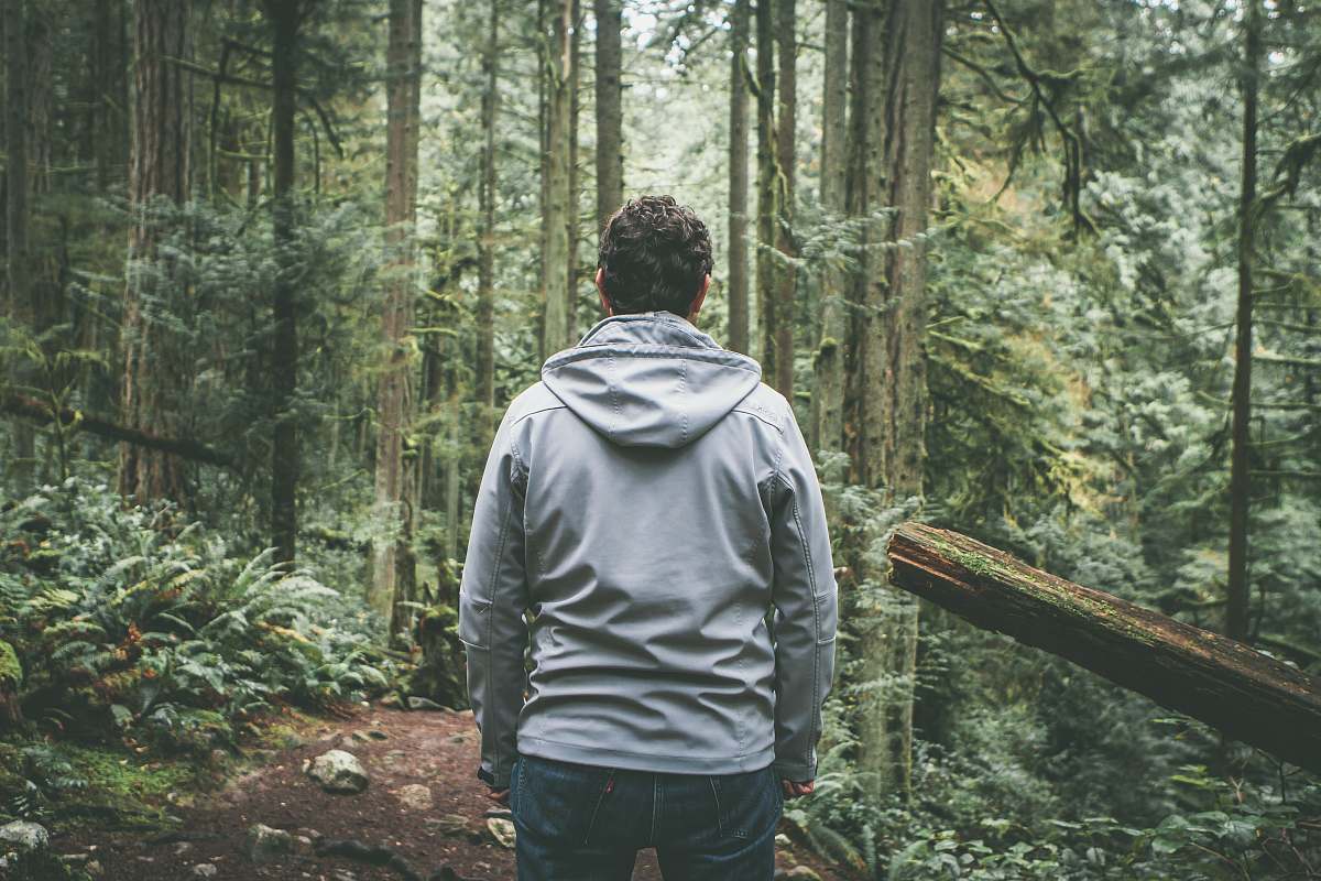 outdoors man in gray hooded jacket standing on dirt road between trees during daytime nature