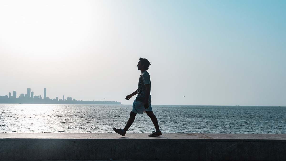 clothing silhouette of walking man beside body of water shorts