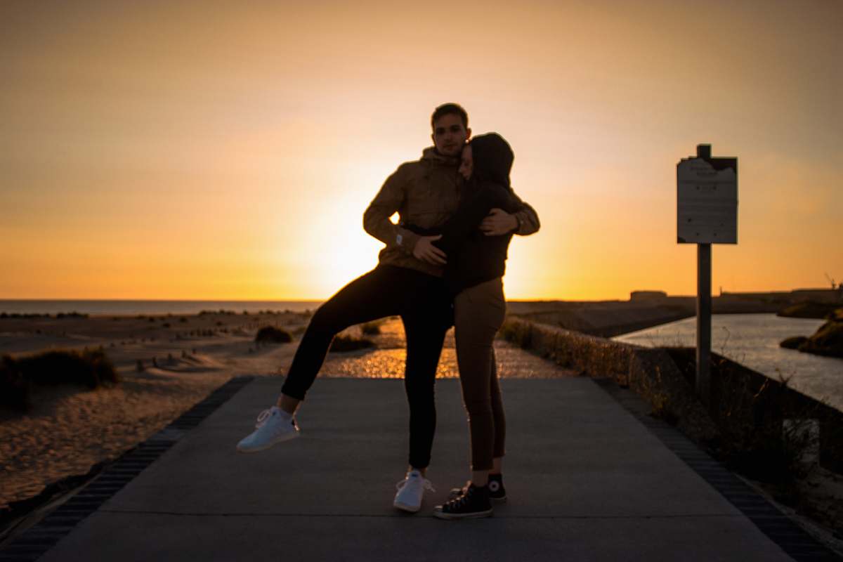 human woman hugging man person