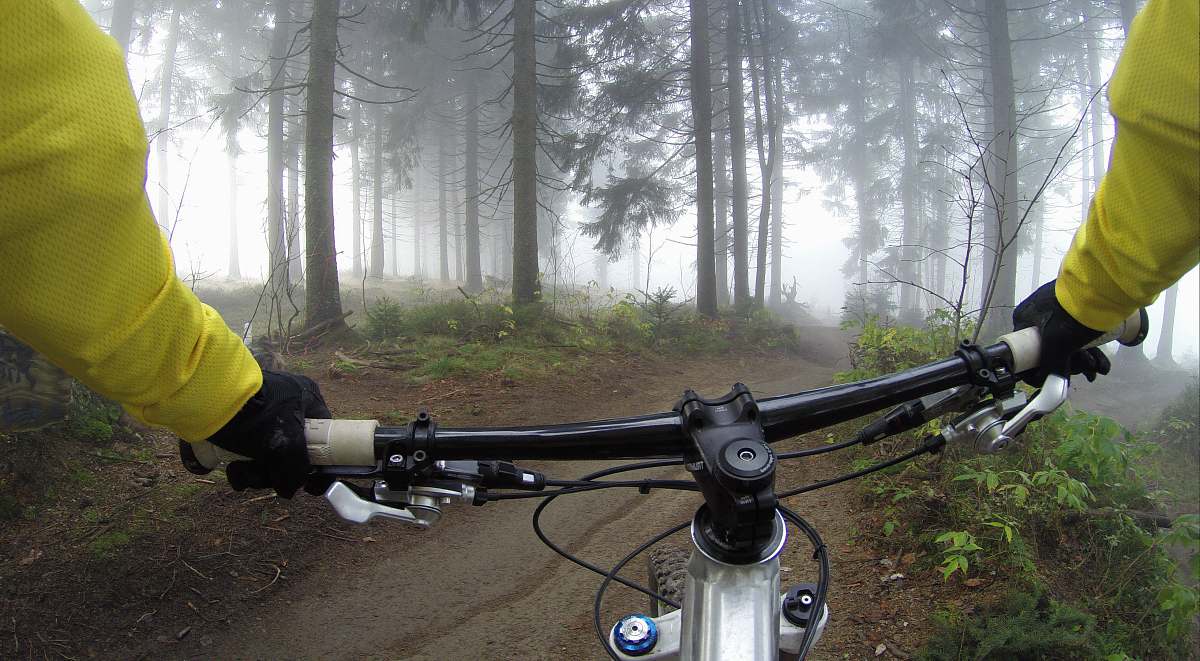 woods person riding on mountain bike in forest during foggy day sport