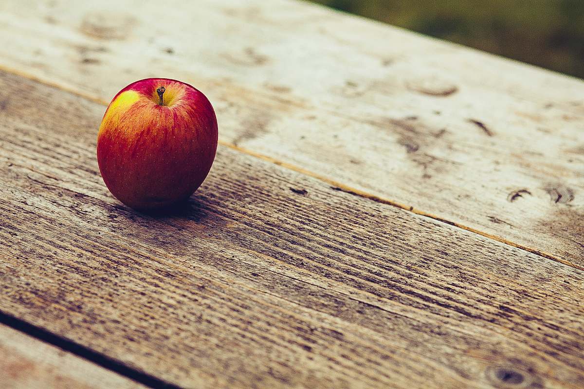 plant red apple on brown surface fruit
