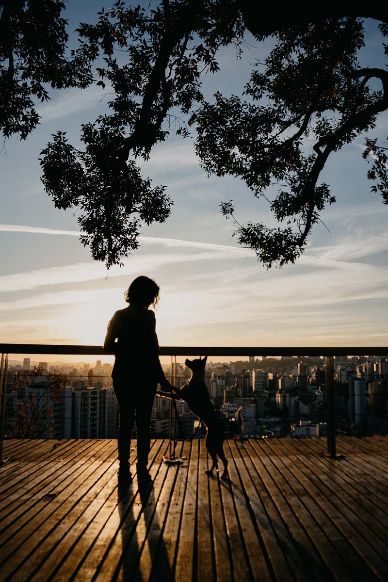 person dog standing near woman in front of building people