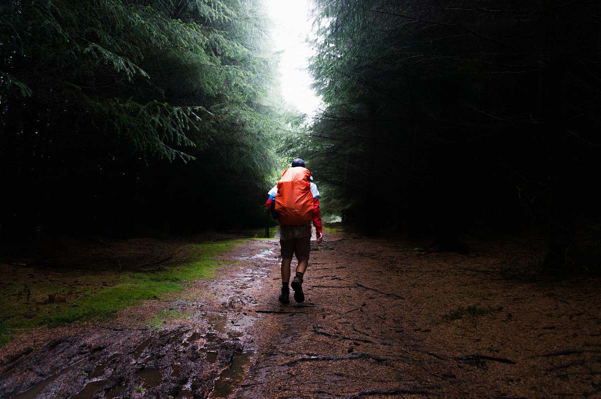 backpack man with red bag in the middle of forest hike