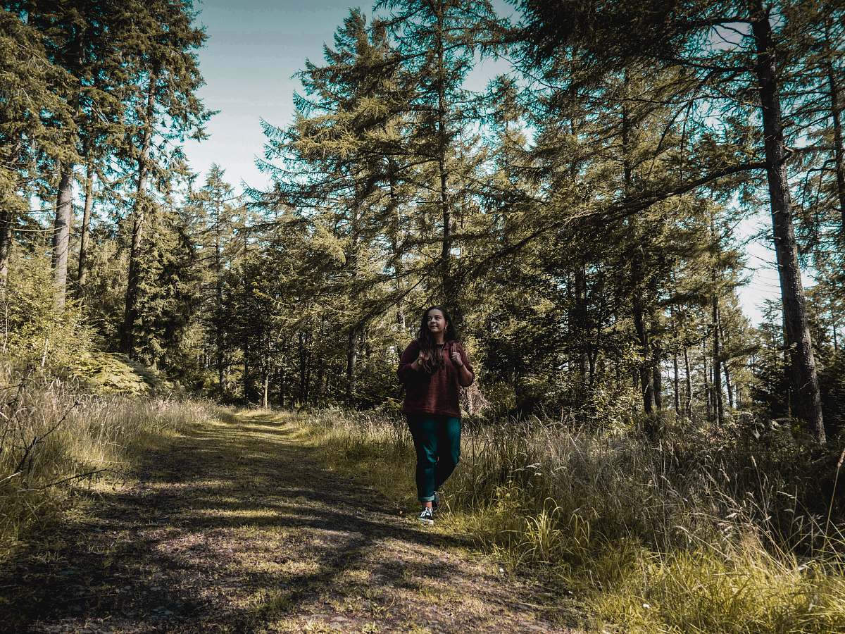 plant woman walking downhill between trees tree