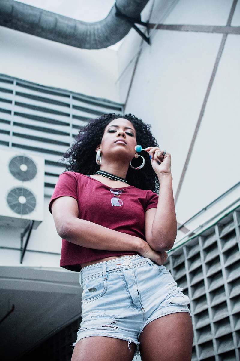person woman wearing red V-neck t-shirt people