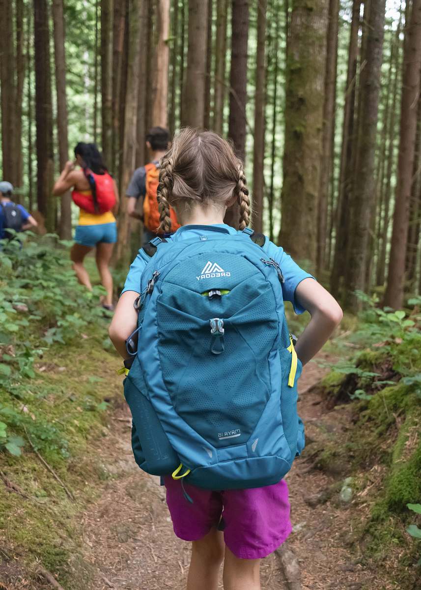kids girl wearing blue backpack explore
