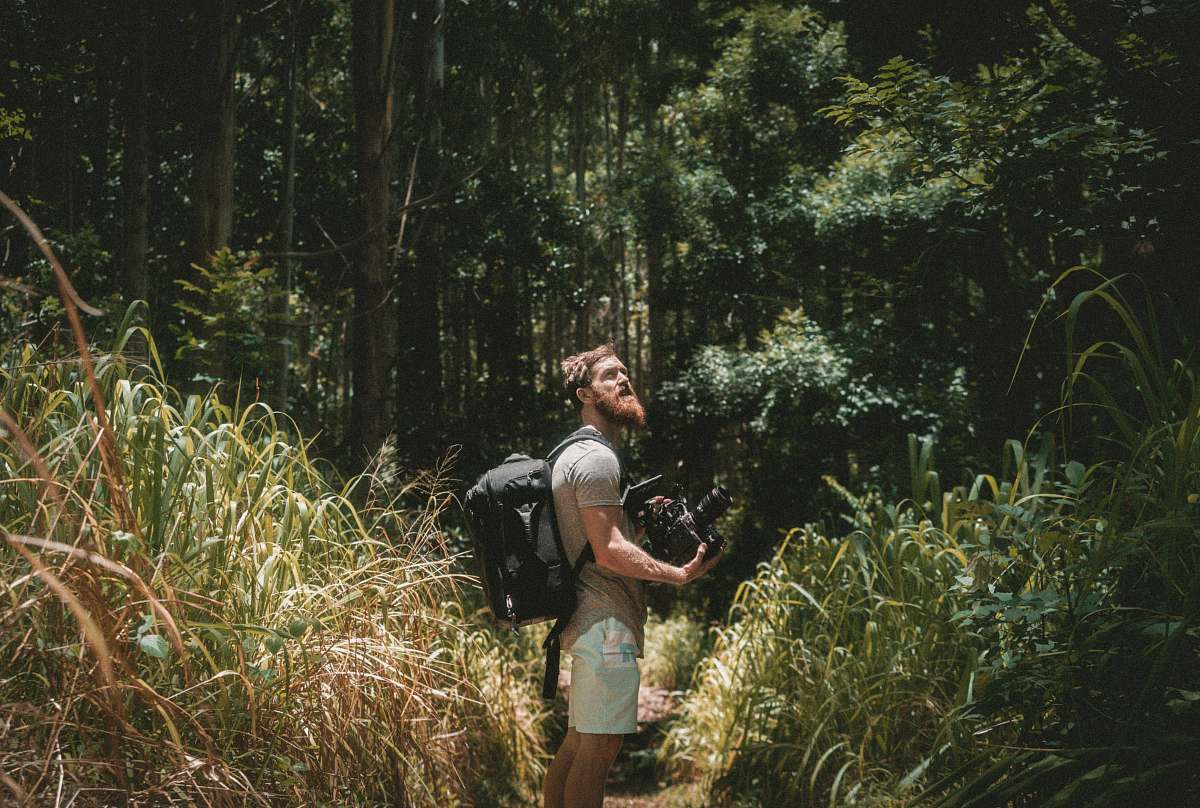 human man holding camera in the forest nature