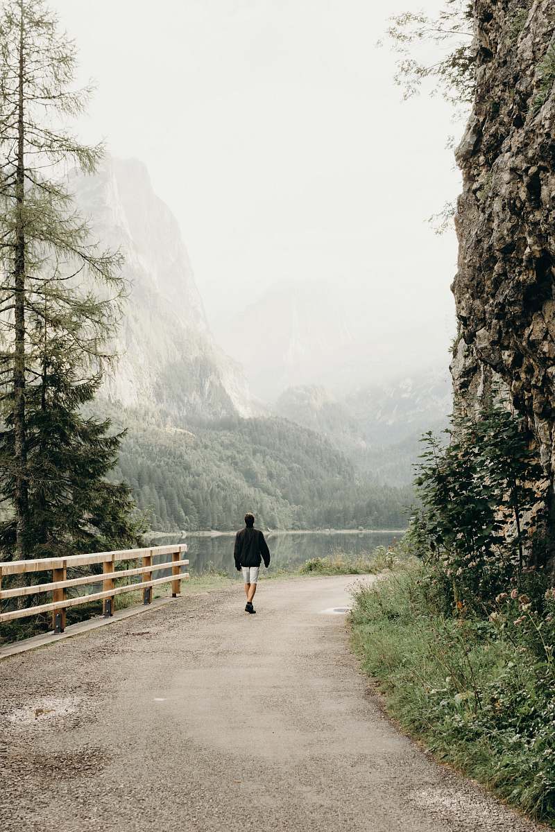 fence person wearing black jacket walking on road near the tree jogging