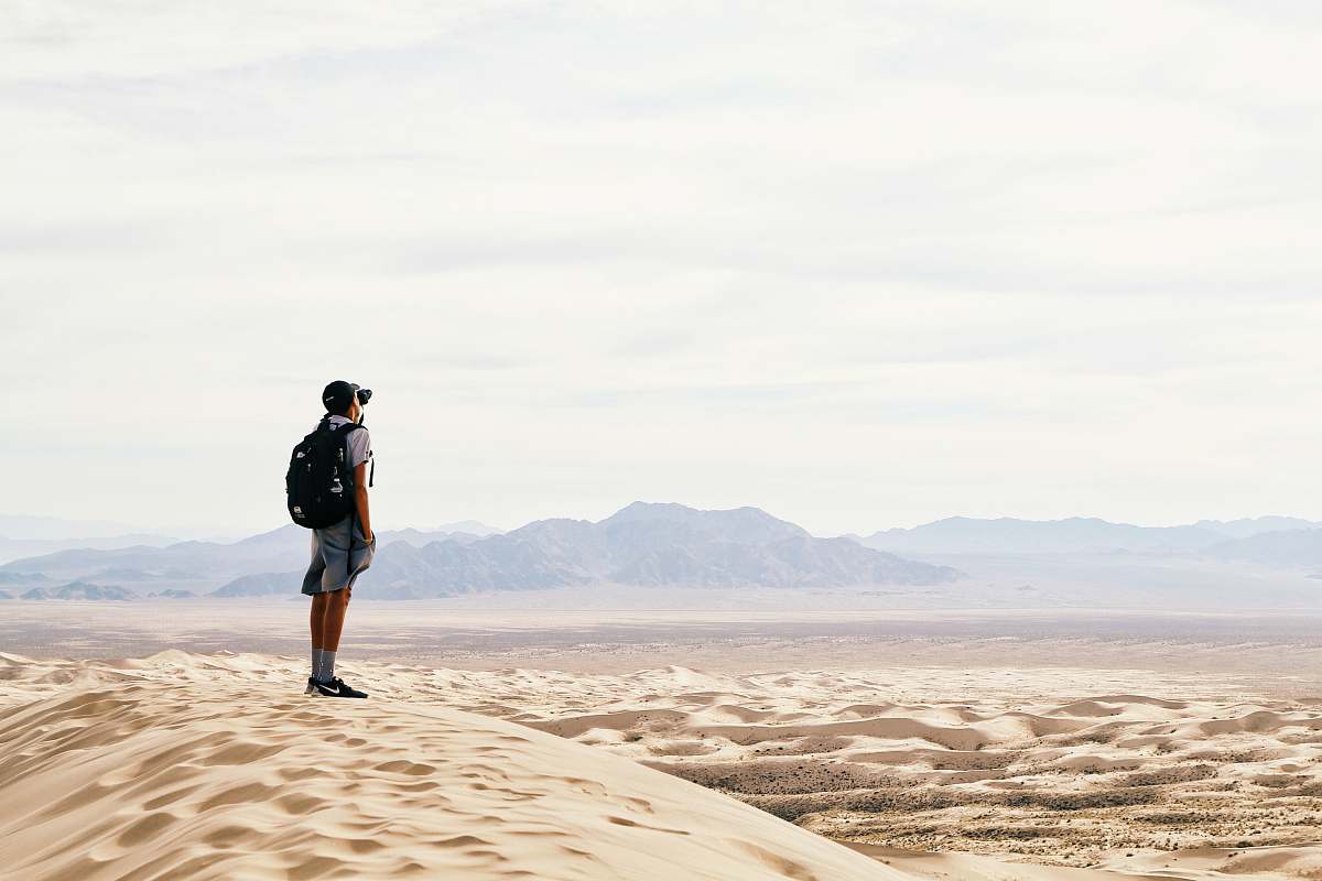 Person Man Standing And Carrying Backpack In Desert Land Desert Image ...