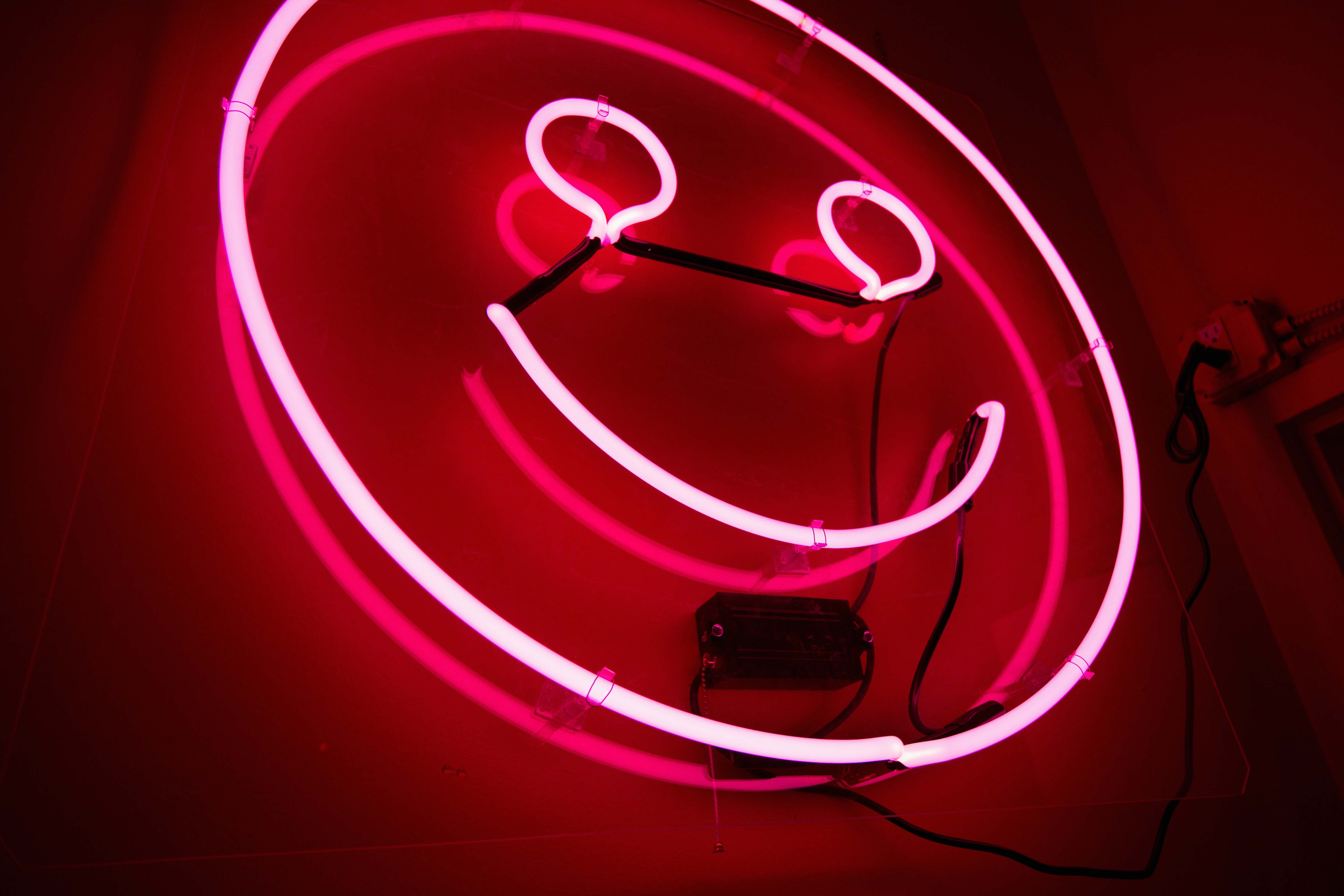 Red Pink Emoji Neon Signage Smiley Face Image Free Photo