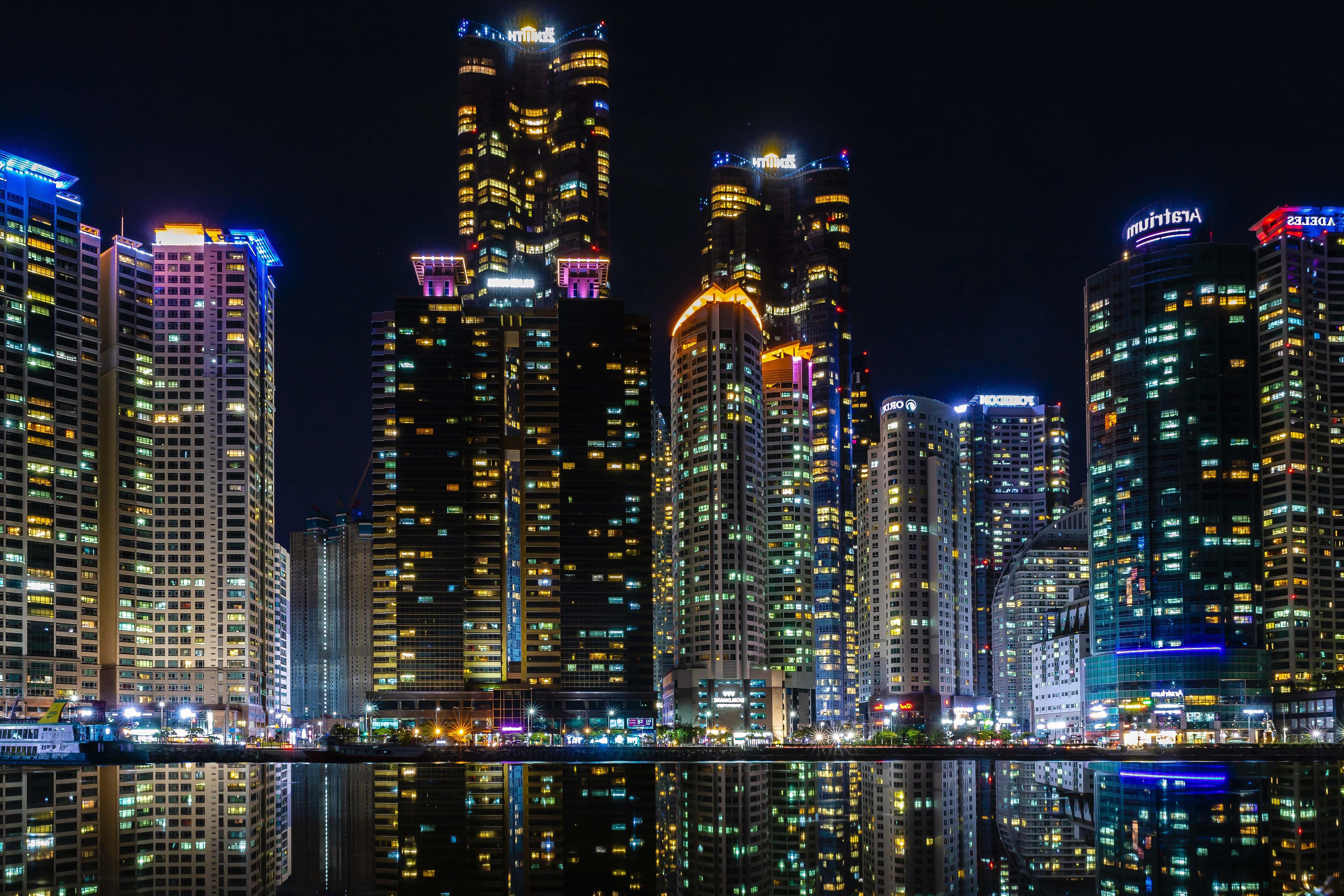 Town Lighted Buildings During Nighttime Urban Image Free Photo