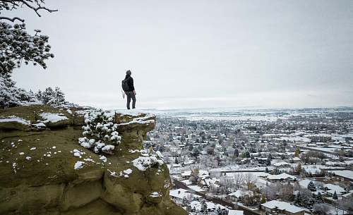 rock person standing on cliff of gray rocky mountain with snow during daytime zimmerman place