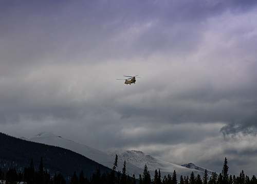 grey brown helicopter flying under cloudy sky tree