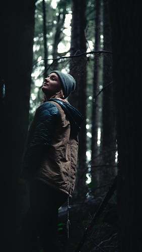 human woman standing beside tree trunk people