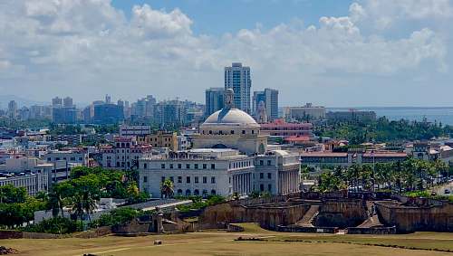 building aerial photo of city buildings under cloudy sky dome