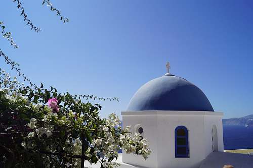 building blue and white church with dome near trees dome