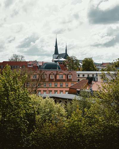 building brown houses ner trees spire