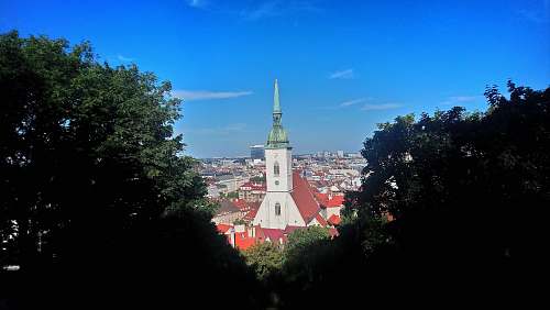 building church surrounded with house near trees tower
