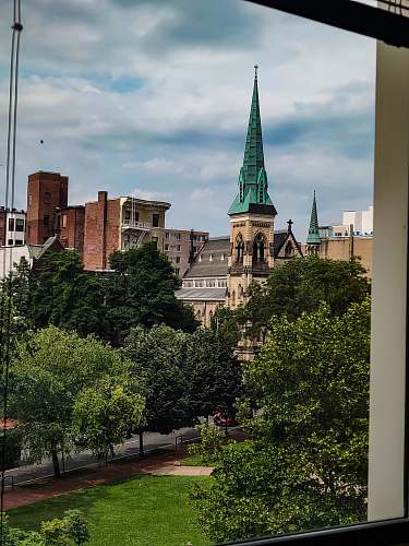 building green roofed tower spire