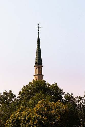 building green trees near brown concrete tower during daytime spire
