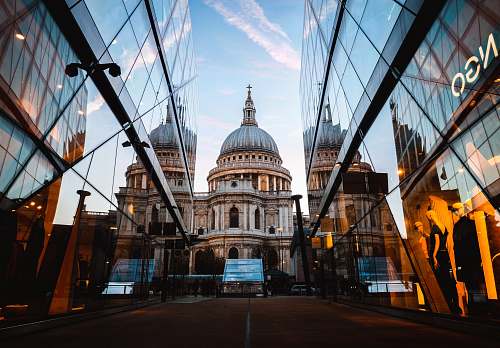 building road between curtain wall buildings dome
