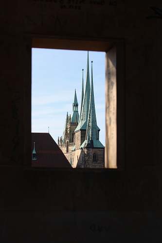 building view of concrete building on window spire