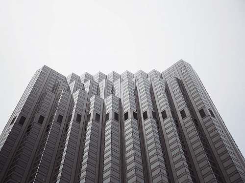 black-and-white low angle photo of gray high rise building urban