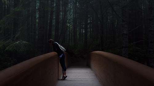 grey woman standing on brown bridge leaning forward boardwalk