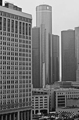 black-and-white grayscale photography of high-rise buildings architecture