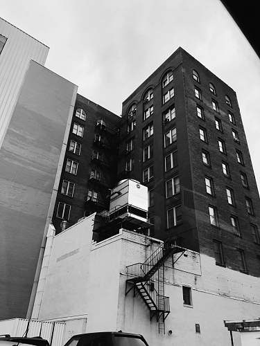 black-and-white white and black building city