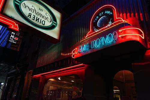 food red and blue neon light signage meal