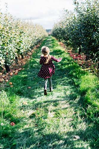 grass girl wearing maroon and white polka-dot dress running on grass pathway field plant